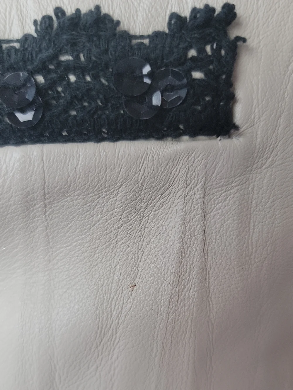 PAMELA DENNIS Cream White Black‎ Crochet Sequin Trim VTG Retro Leather Jacket M
